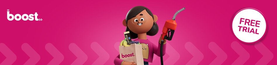 Woman holding a gas pump and bag of groceries on a pink background with a Boost logo